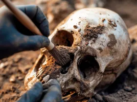 Archeolog oczyszczający czaszkę