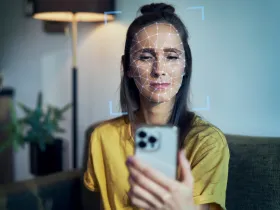 Kobieta skanująca swoją twarzy za pomocą smartfona