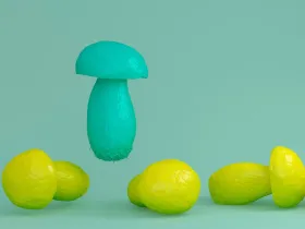 Zielony grzyb unoszący się z żółtym grzybem na zielonym tle