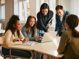 Studenci zgromadzeni wokół ławki podczas zajęć