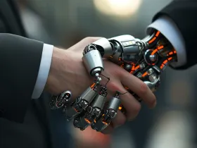 Dłoń człowieka i robota w uścisku