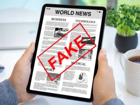 Tablet z wiadomościami z napisem „fake”