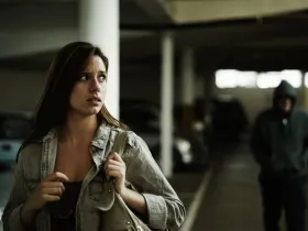 Kobieta śledzona przez mężczyznę na parkingu