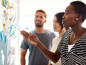 Zespół projektowy pracujący przy tablicy