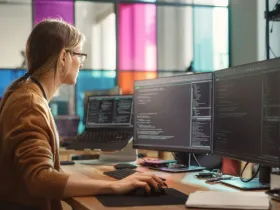 Programistka przy stanowisku komputerowym