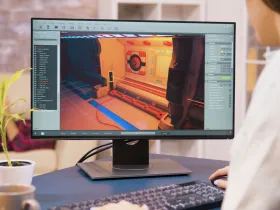 Człowiek przed stanowiskiem komputerowym, na ekranie program do projektowania 3D