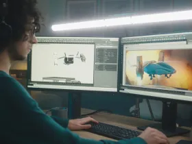 Mężczyzna projektujący animacje przy stanowisku komputerowym