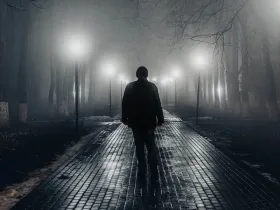 Mężczyzna spaceruje nocą po deszczowym parku