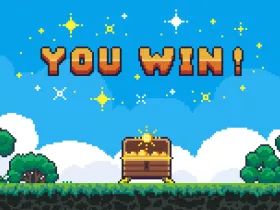 Zrzut ekranu gry cyfrowej. Skrzynka ze złotem i napis „You win!”
