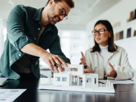 Dwoje architektów pochyla się nad białym modelem budynku