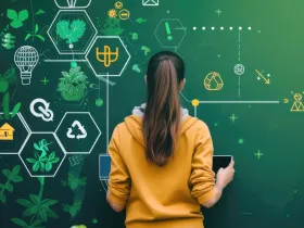 Widok od tyłu na osobę, która patrzy na tablicę z ikonami o ekologii i recyklingu