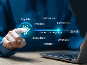Osoba wybiera na ekranie tłumaczenie języka za pomocą sztucznej inteligencji (AI)