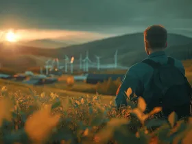 Mężczyzna wpatruje się w zachód słońca nad farmą wiatrową w górskim krajobrazie