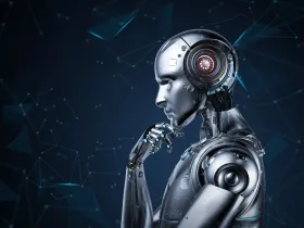 Humanoidalny robot na tle futurystycznych schematów