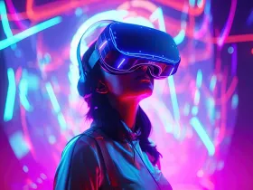 Kobieta w goglach VR, oświetlona neonowym, futurystycznym światłem