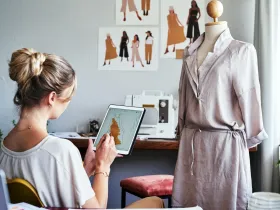 Kobieta projektująca ubrania na tablecie