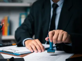 Mężczyzna w garniturze przybijający pieczątkę na dokumentach