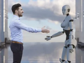 Mężczyzna i robot podają sobie dłonie