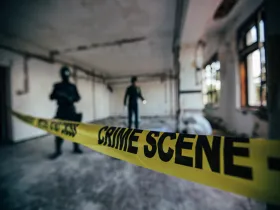 Miejsce zbrodni odgrodzone policyjną taśmą, w tle widać dwóch funkcjonariuszy  policji