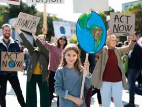 Protestująca grupa ekologów na pierwszym planie dziewczynka trzyma model ziemi