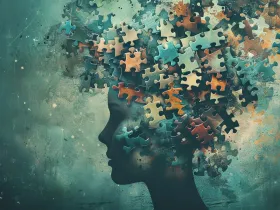 Profil osoby, której głowa pełna jest kolorowych puzzli