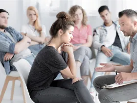 Terapeuta rozmawia ze zdenerwowaną kobietą podczas spotkania grupy wsparcia