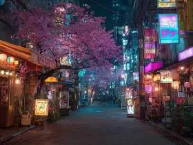 Ulica w Japonii z kwitnącymi wiśniami i neonami nocą.